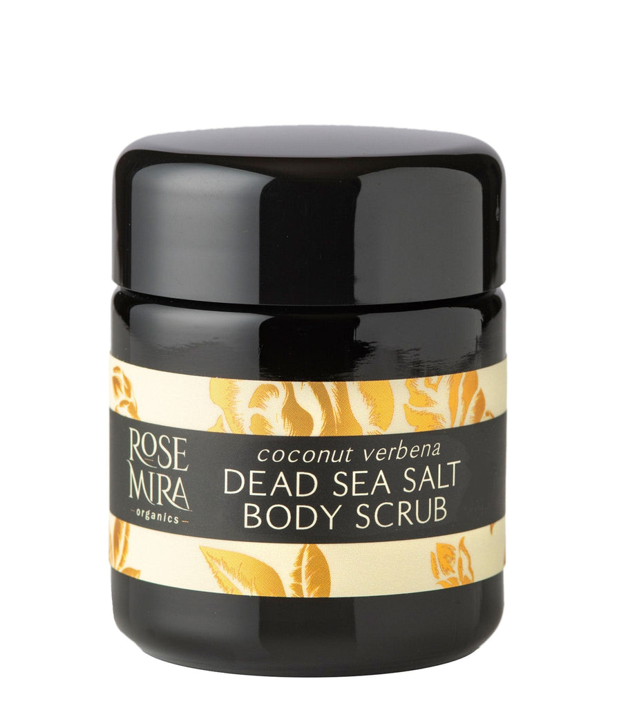 Coconut Verbena Dead Sea Salt Body Scrub in miron glass, gold label, on white