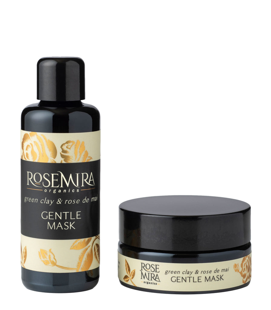 A tall and short black bottle combination of Green Clay and Rose de Mai Gentle Mask