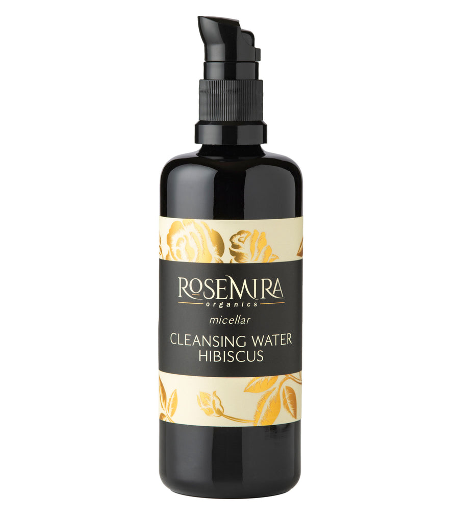 Micellar Cleansing Water Hibiscus in black bottle on white background.
