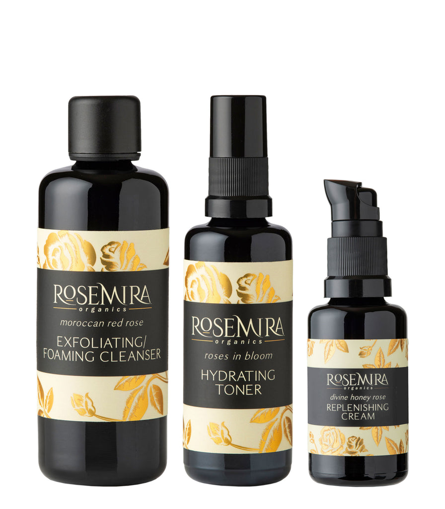 Moroccan Red Rose Starter Collection with cleanser, toner, and replenishing cream.