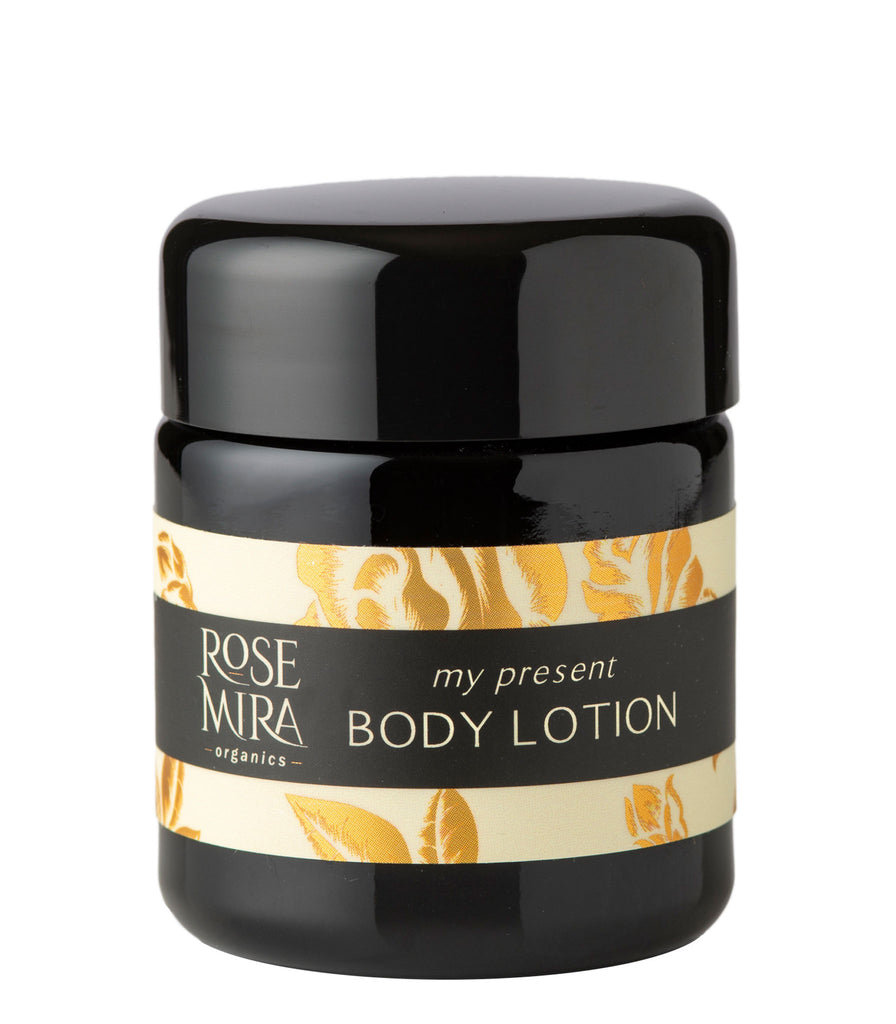 My Present Body Lotion in black miron glass with gold and cream label