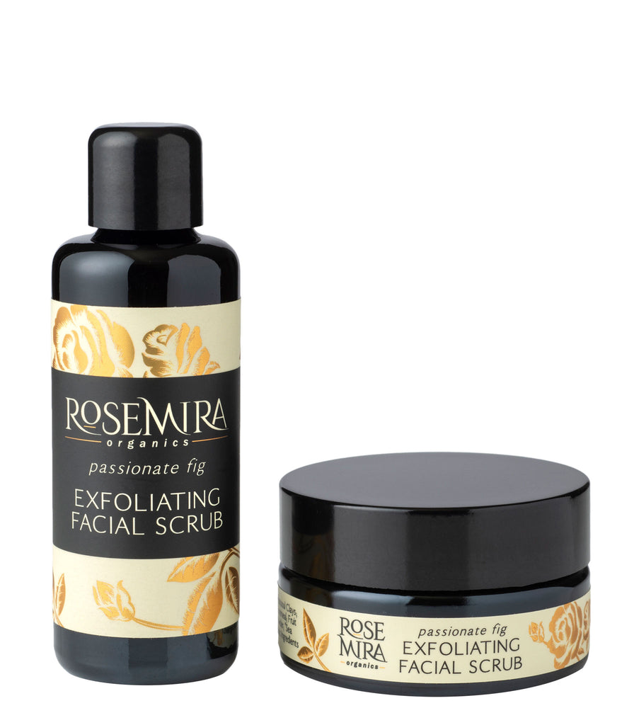 A duo of black bottles for Passionate Fig Exfoliating Facial Scrub