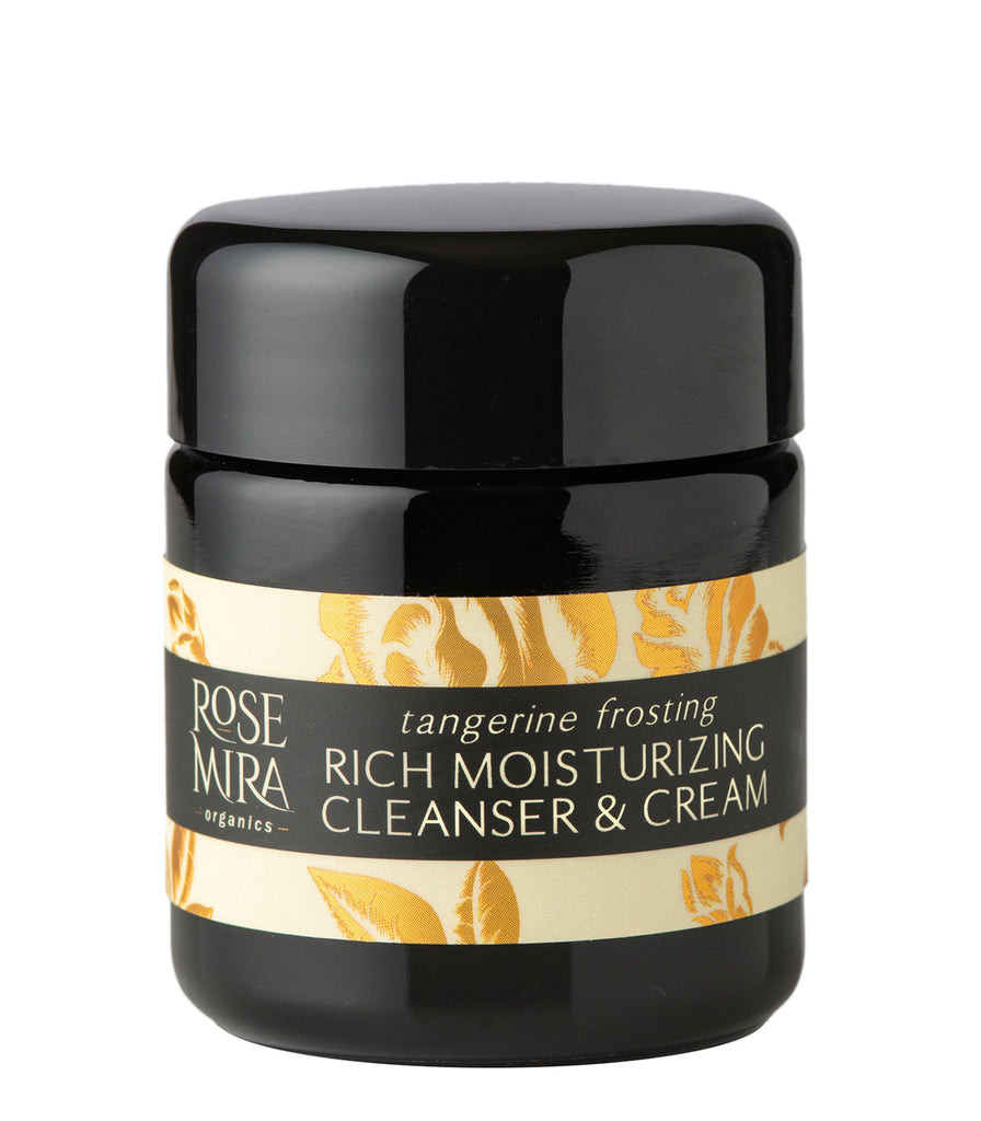 Tangerine Frosting Rich Cleansing and Moisturizing Cream in miron glass on white background with gold and cream label