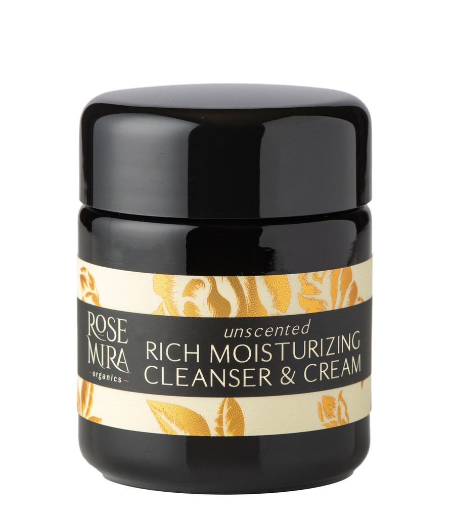 Unscented Rich Moisturizing Cleanser and Night Cream in miron bottle on white with gold and cream label
